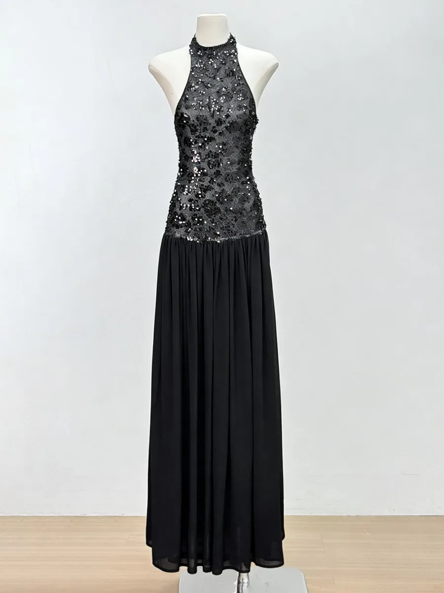 TWOTWINSTYLE Solido Sheer Impiombato Paillettes Abiti Eleganti per Le Donne Halter Senza Maniche Tunica Patchwork Pieghe Vestito di Moda Femminile