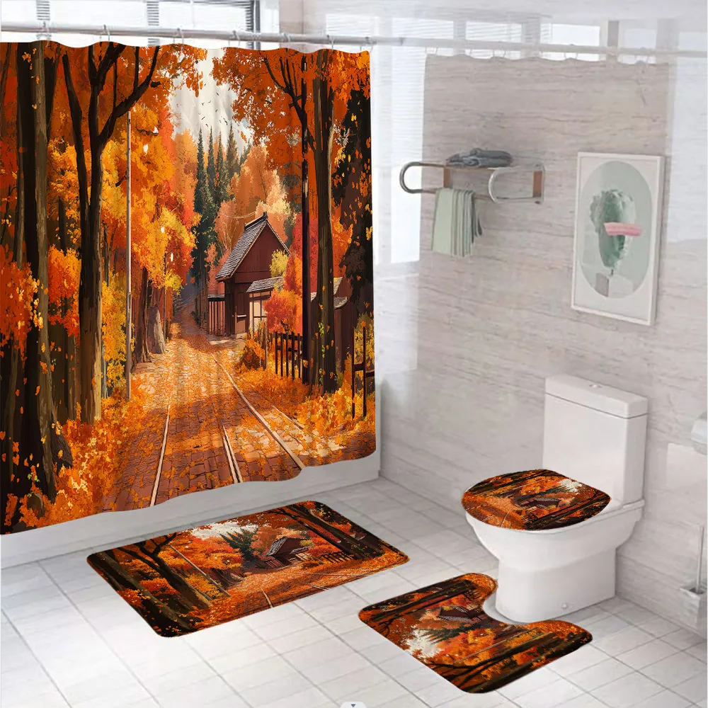 Autumn Maple Tree Forest Bathroom Set Shower Curtain Farmhouse Country Natural Scenery Fabric Screen Bath Mats Rug Toilet Cover