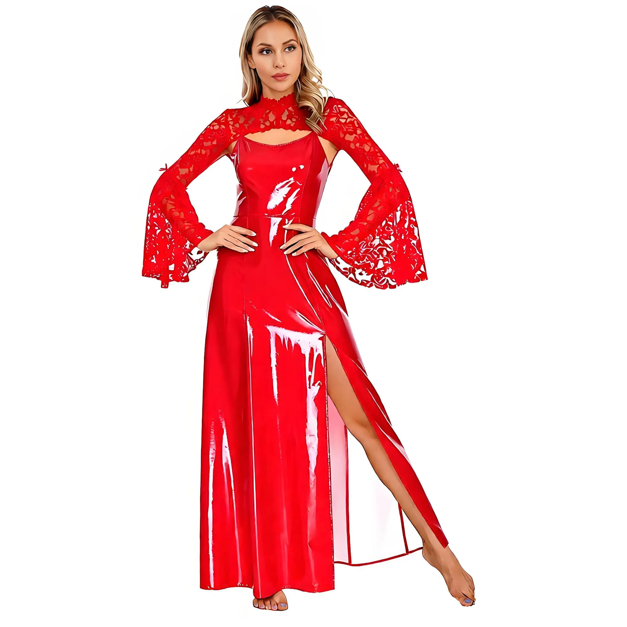 Women Medieval Gothic Glossy PU Dress with Sheer Floral Lace Shrugs Shawls Flare Cropped Halloween Vampire Witch Side Slit Dress