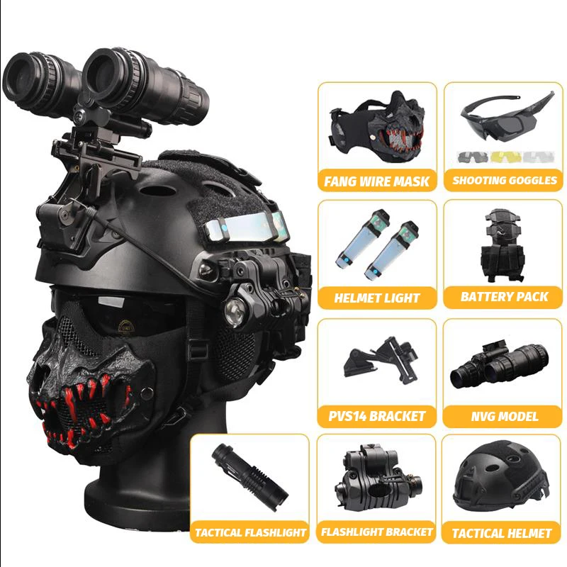

FAST Tactical Airsoft Helmet Set with Wire Face Mask Night Vision Goggles Model Metal NVG Bracket Flashlight for CS Shooting