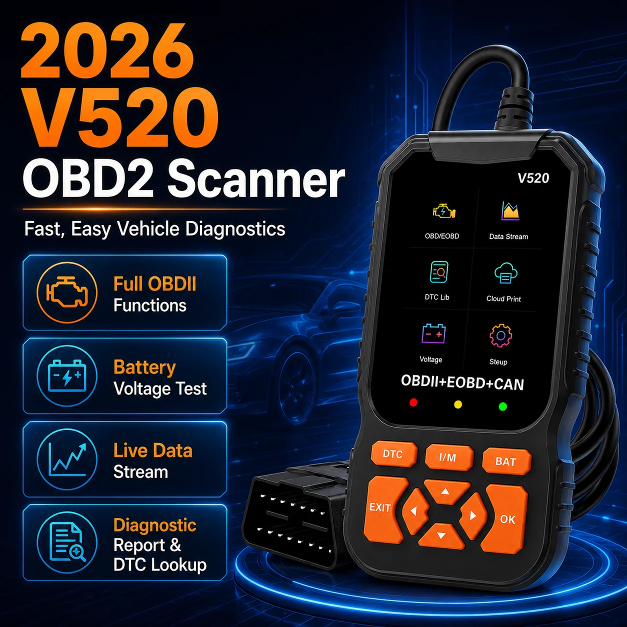 V520 OBD2 Scanner Car Engine Fault Code Reader DTC Clear Tool Real-Time Data Stream I/M Readiness Monitor 8 Languag