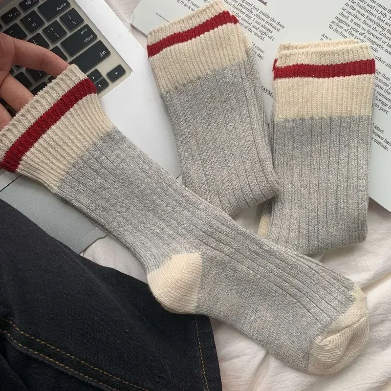 Retro Cotton Socks Autumn and Winter Couple\'s Contrast Stripe Thick Needle Socks for Men and Women