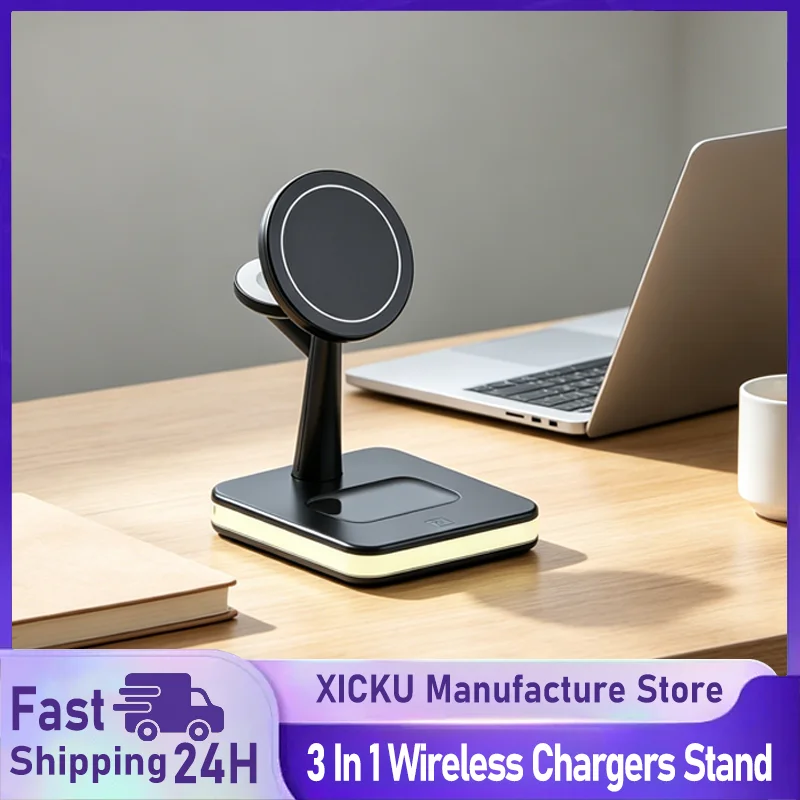 Desktop Magnetic 3 In 1 LED Wireless Charger Stand For iPhone 17~12 Pro Max Airpods Pro Apple Watch Fast Charging Dock Station