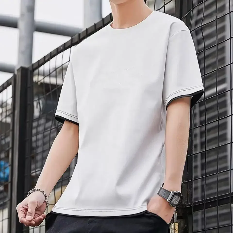 Male Tees Shirts No Logo Tops Plain Men\'s T-shirt Baggy 100℅ Cotton Yellow Loose 5xl Cool Streetwear Casual Short Quarter Sleeve