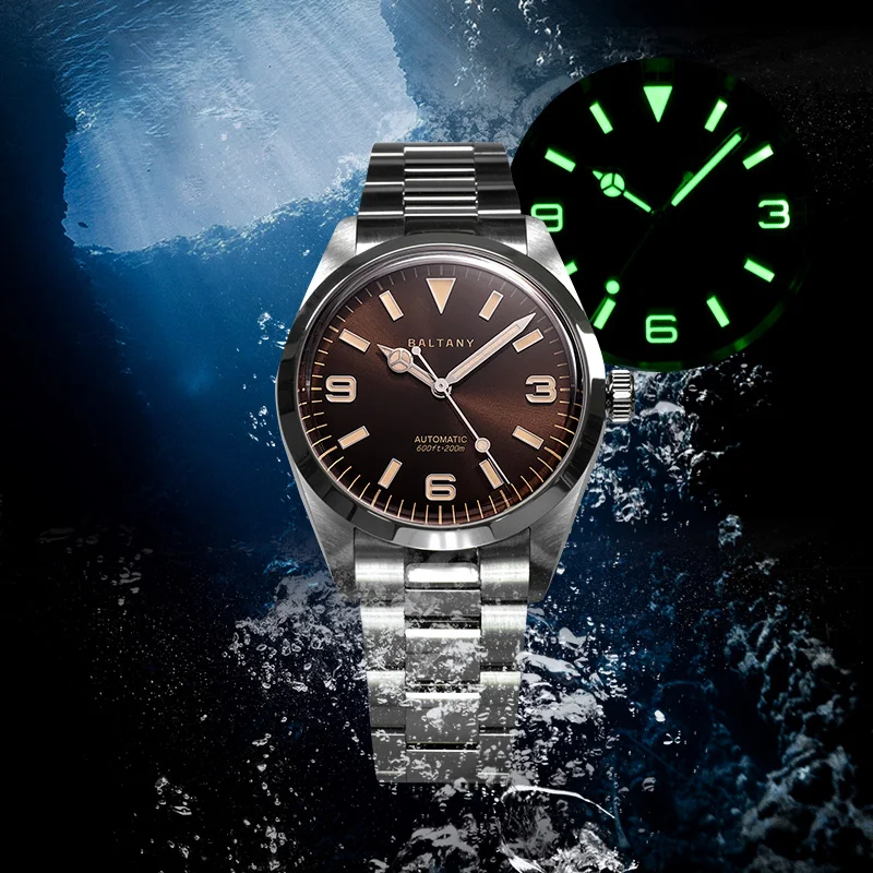 Baltany Explorer Tribute Watches 200M Waterproof Stainless Steel Bracelet NH38 Dome Sapphire Glass Luminous Vintage Watch