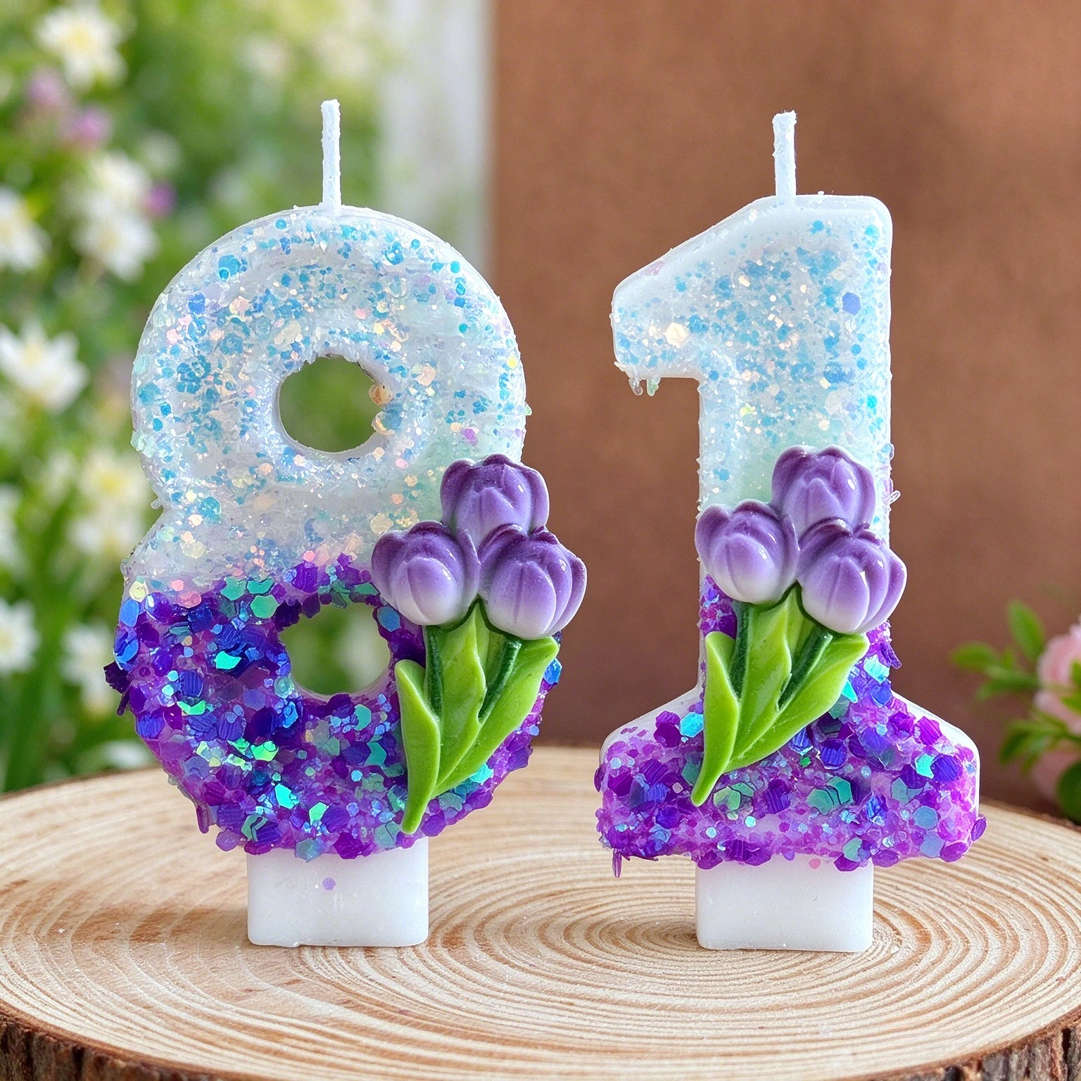 Purple tulip sparkling digital birthday candle, blue and white sequined numbers, floral themed girl birthday party decoration