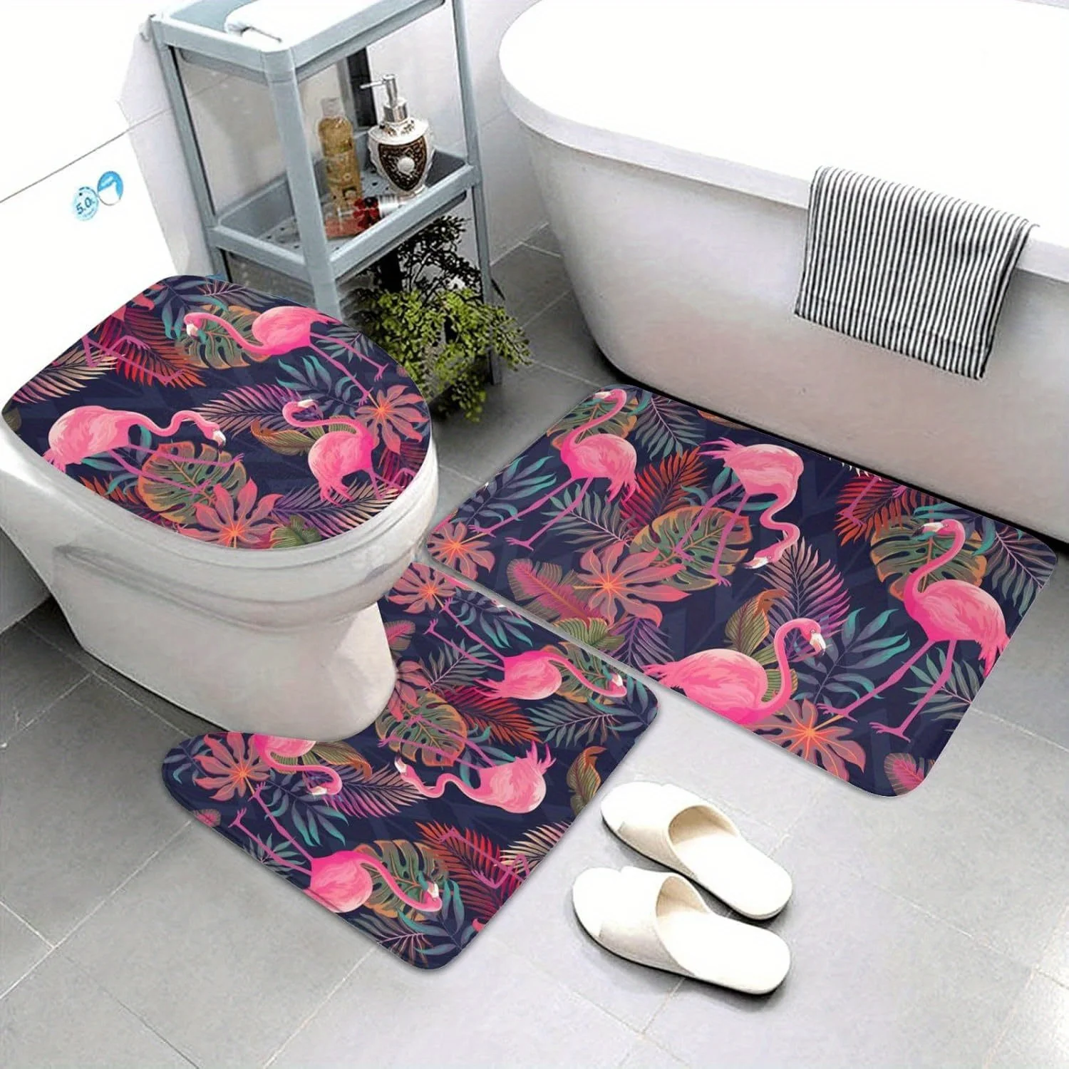 

3pcs Tropical Flamingo and Palm Leaf Bathroom Mat Set, Including a Bathroom Mat + a Contour Mat +a Toilet Seat Cover. Made