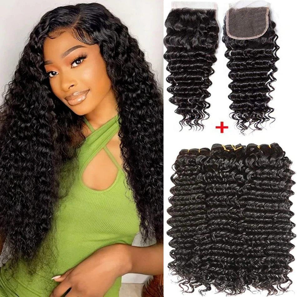 Deep Wave Bundles With Closure Wet and Wavy Curly Water Human Hair Bundles With Frontal Remy Hair Weave Extensions HDTransparent