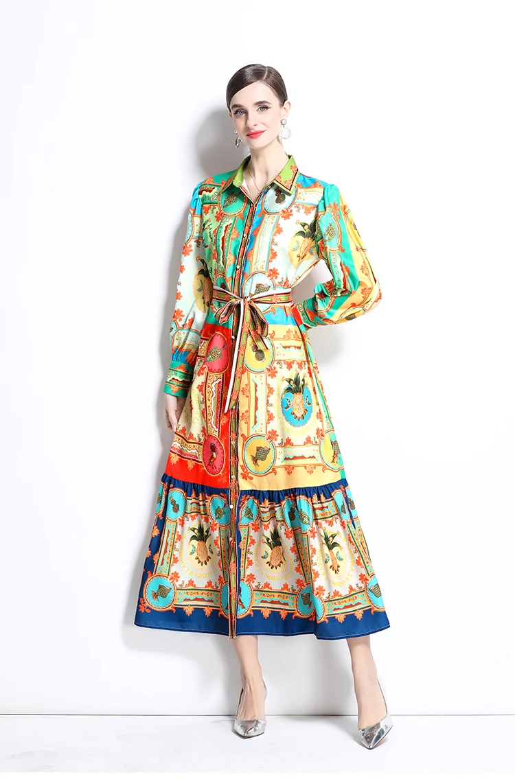 ZAROY Świąteczna Szyfonowa Luźna Sukienka Luksusowa Projektantka Maxi Sukienki Damskie Długi Rękaw Kołnierz Jednorzędowa Boho Plażowa Impreza Vestidos