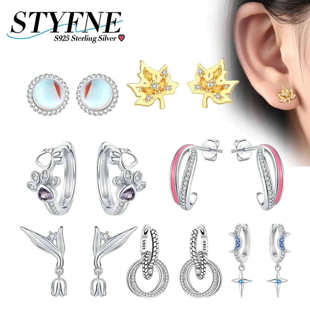 925 Sterling Silver Classic Multi-ring Snake Bone Pattern Retro Bead Edge Moonstone Earrings for Women's Fine Jewelry Gifts