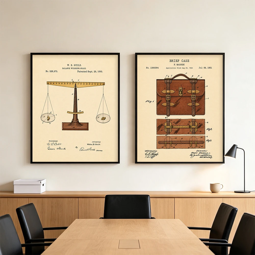American Retro Legal Patent Art Prints Goddess of Justice Balance Hammer Briefcase Canvas Painting Law Firm Office Wall Decor