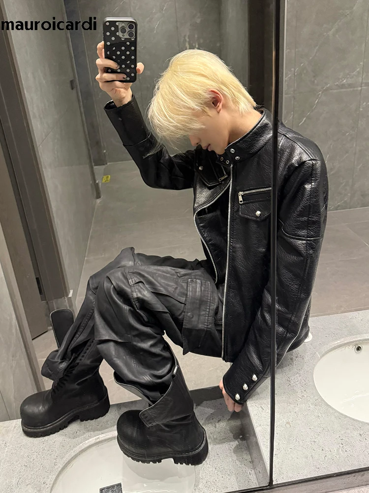 Mauroicardi Spring Autumn Cool Handsome Short Black Hard Pu Leather Jacket Men Zipper Luxury Designer Emo Clothes Streetwear