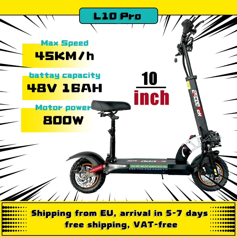 L10 Off-road Tire Kick Electric Scooter, Electric E-Scooter, 13Ah, 16Ah, 800W, 10Inch, 45 km/h, 45km, 55km Range