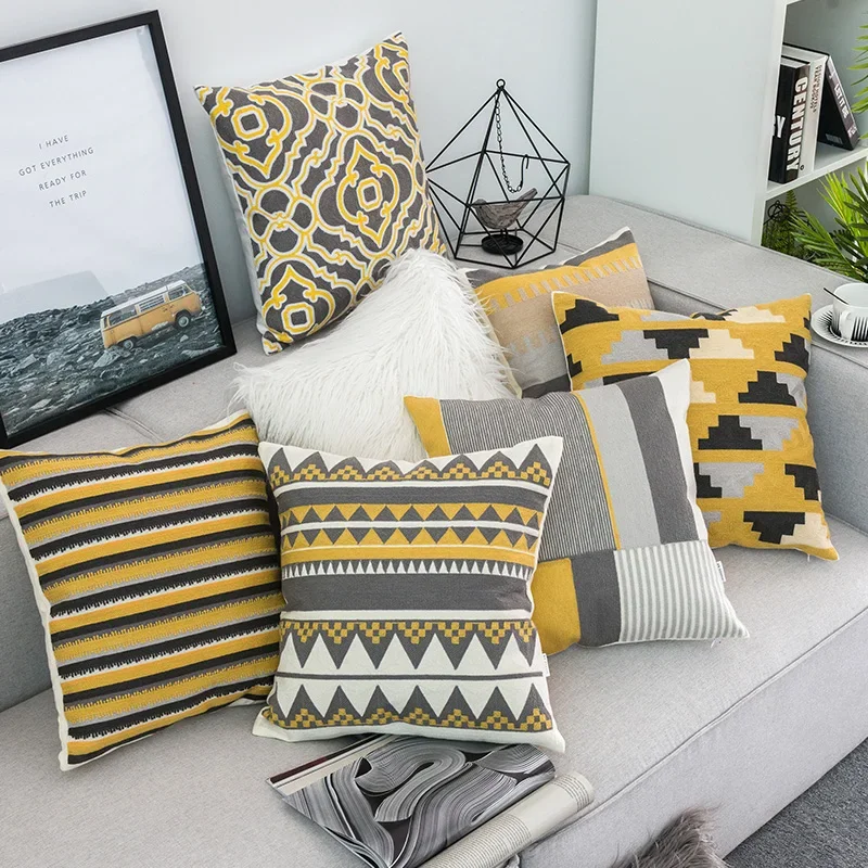 Home Decor Cushion Cover Yellow Grey/White Geometric Canvas Cotton Square Embroidery Pillow Cover 45x45cm For Living Room