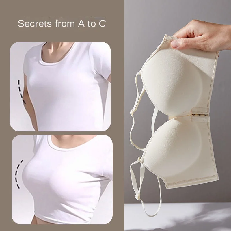 Front Buckle Thickened 8cm External Expansion Beautiful Back Lingerie for Women Hanging Neck Bra, Small Chest Thickened and