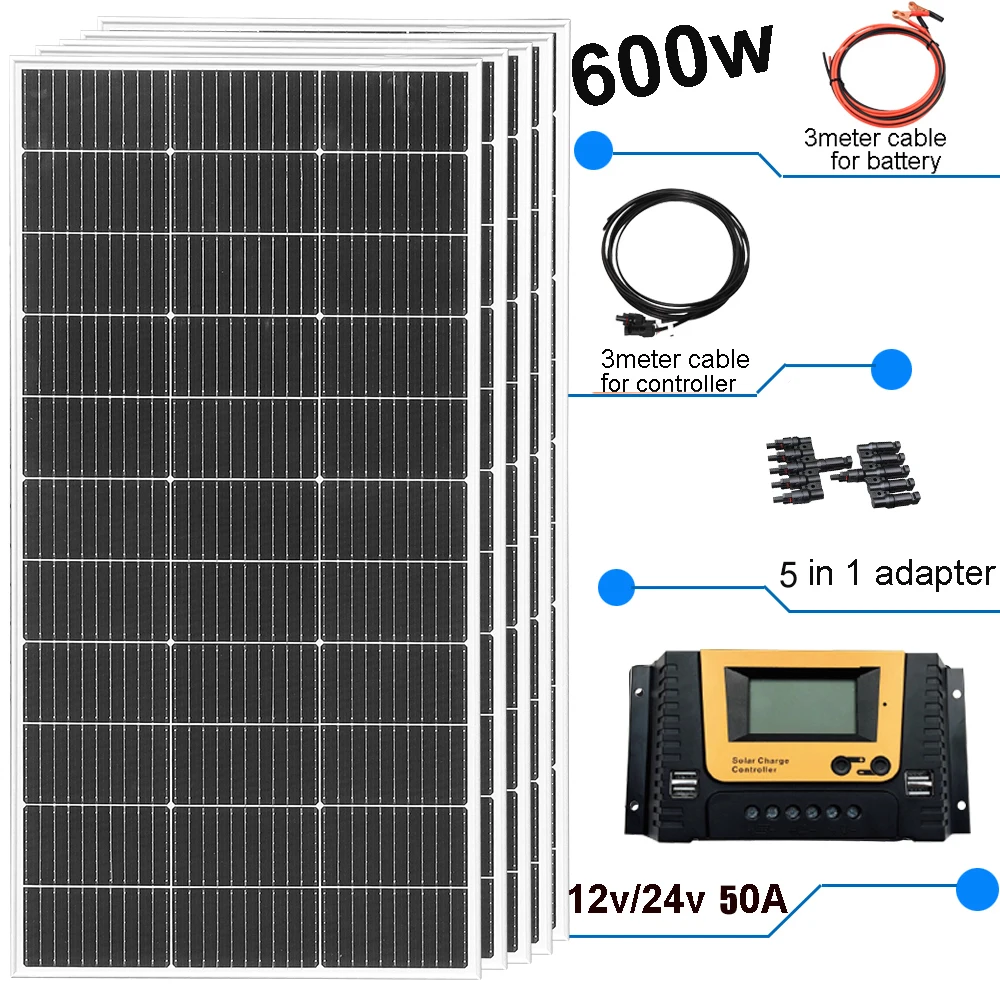 Stijf zonnepaneel 1200W / 600W /480W/ 360W / 240W / 120W Zonnepanelen oplader batterij Oplaadmodule Cel Voor Auto Boot Thuis RV