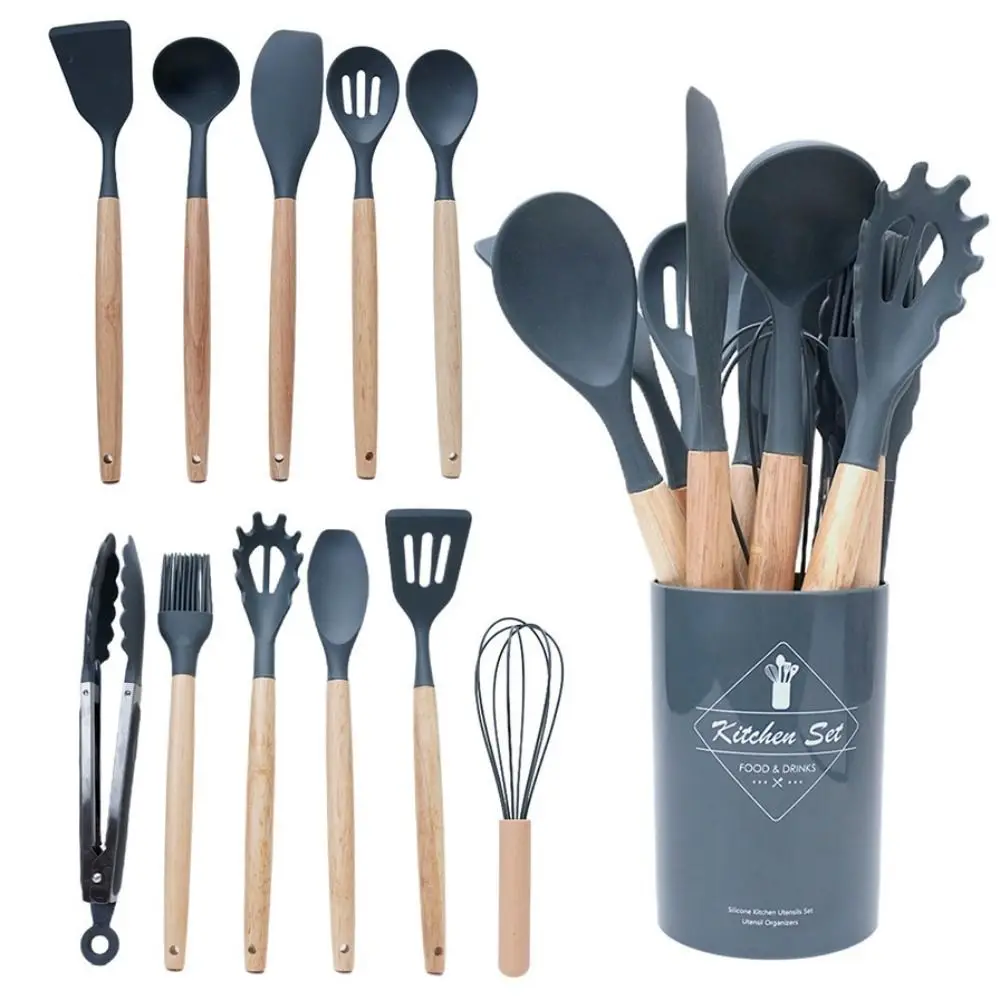 12/14Pcs/Set Heat-Resistant Kitchen Utensils Set Eco-Friendly Multi-functional Non-Stick Cookware Set Save Space Wooden Handle