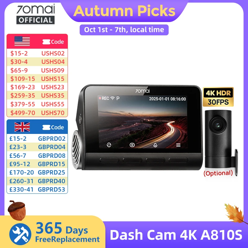 70mai Dash Cam A810S Front 4K Rear 1080P Support 4G Module GPS & ADAS Night Vision Supercapacitor Car DVR 70mai A810S