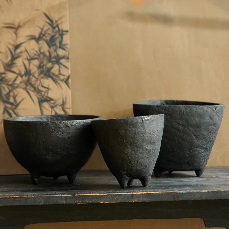 New Chinese creative hand-kneaded pulp black special-shaped art decorative bowl home desktop storage decorative ornament