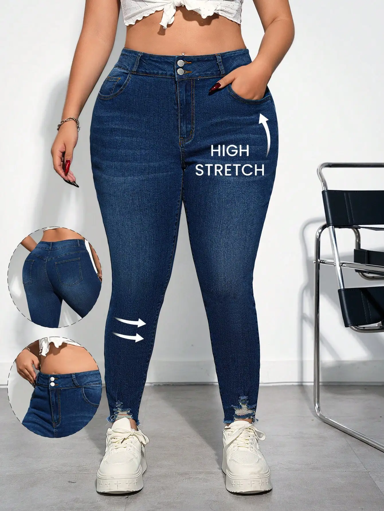 

Женские джинсовые капри с высокой талией, стрейч, рваные, облегающие