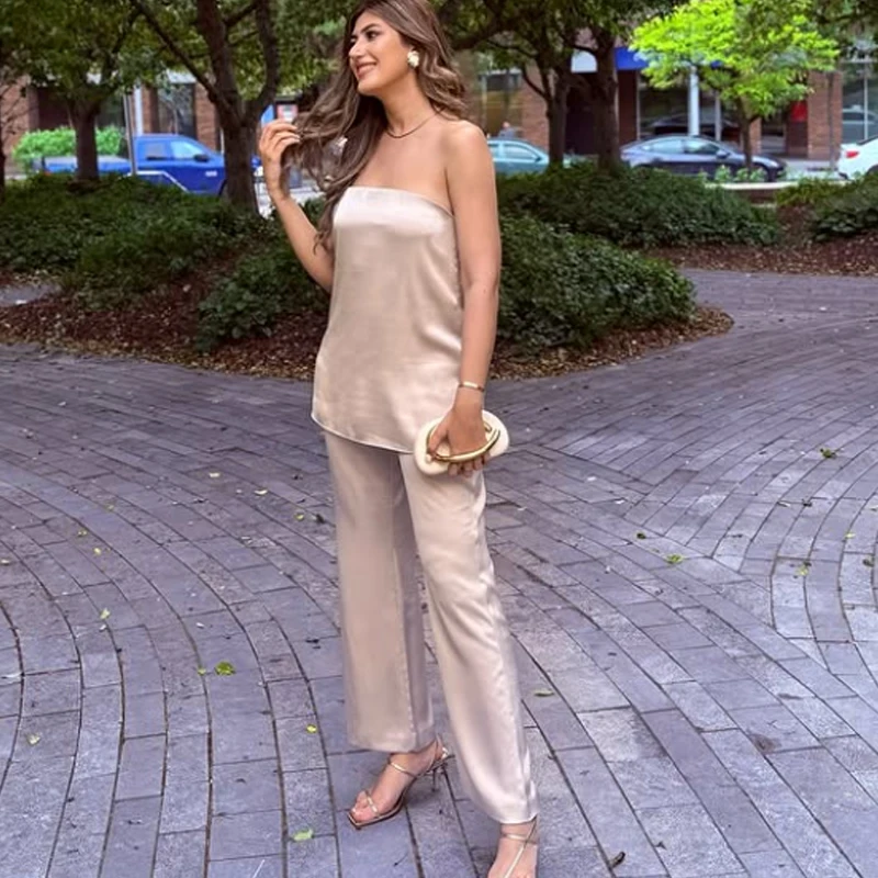 HXAO комплекты широких брюк, летний женский костюм, корсет без бретелек, топ, атласные брюки, женские комплекты из 2 предметов с открытой спиной, сексуальные элегантные комплекты из двух предметов