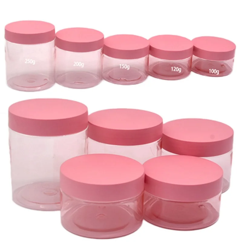 

Packaging Empty Clear Pink Plastic Jar PET Cosmetic Pink Cover 100g 120g 150g 200g 250g Portable Refillable Container 24Pieces