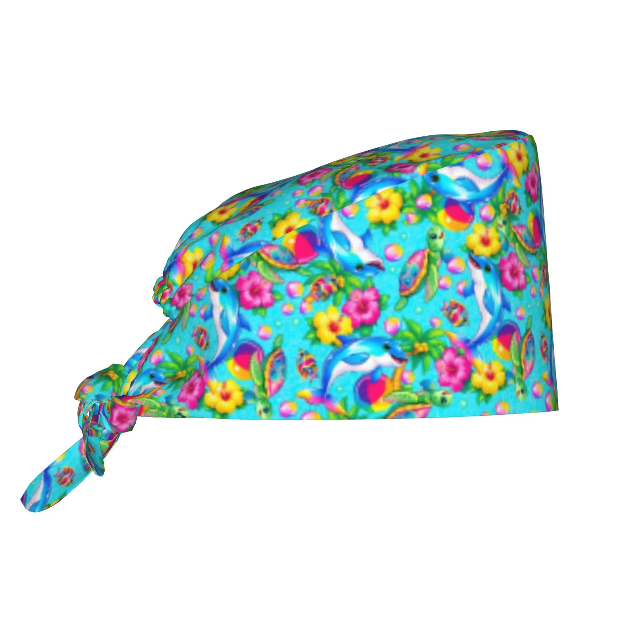 Dolphins And Sea Turtles Aqua Cleaning Working Cap Cool Large Tropical Ocean Paradise  Scrub Cap Surgicals Hat Nurse Scrubs
