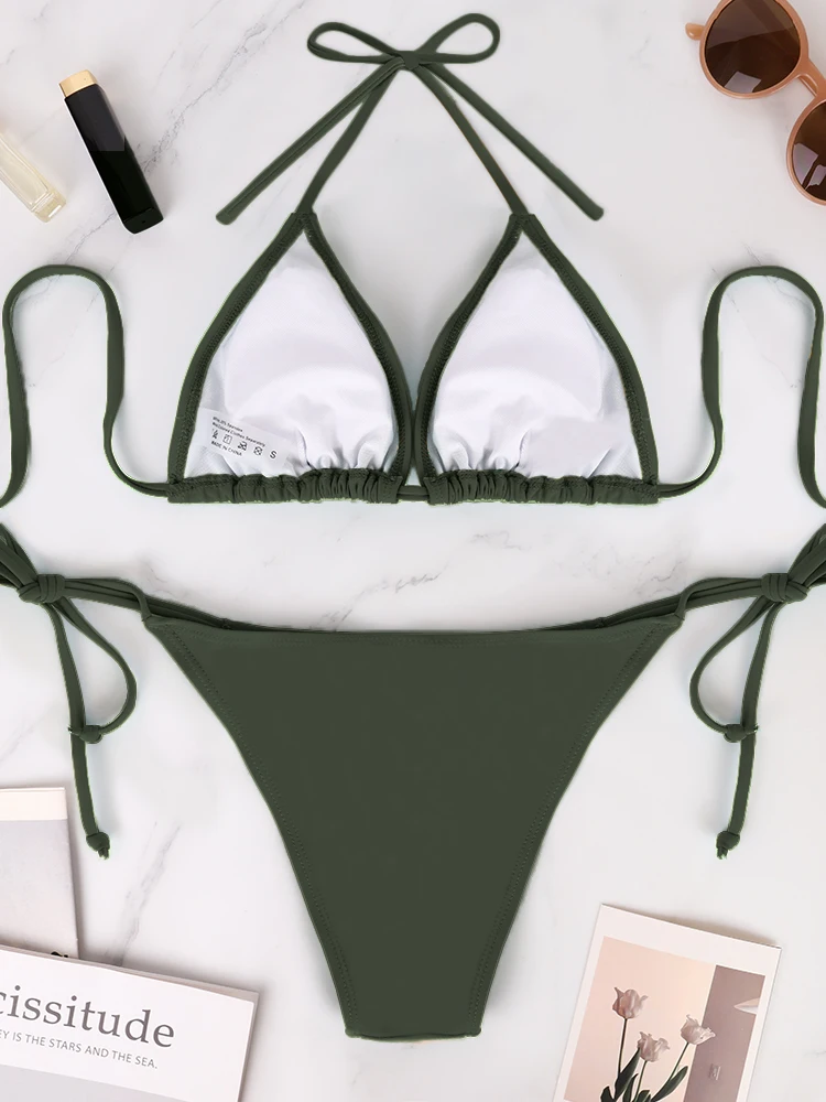 2 Pcs Women's Sexy Solid Color Bikini Set Strapless Bareback Strap Thong Swimsuit Summer Simple Lady's Bandage Side Detail
