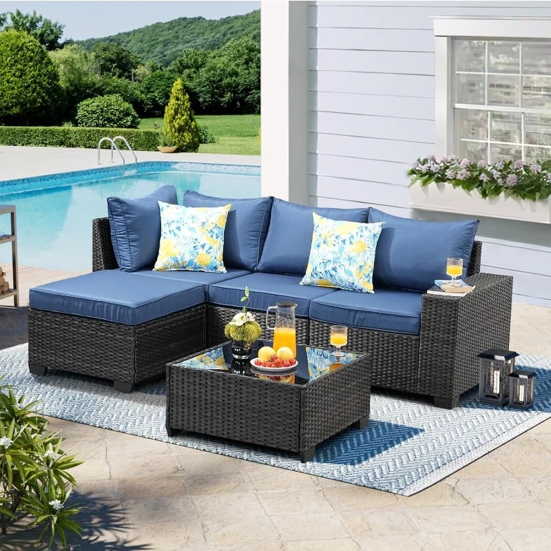 

Set 5 Pieces All Weather Patio Conversation Sets Wicker PE Rattan Outdoor Sectional Couch Sofa with Cushion Ottoman Table