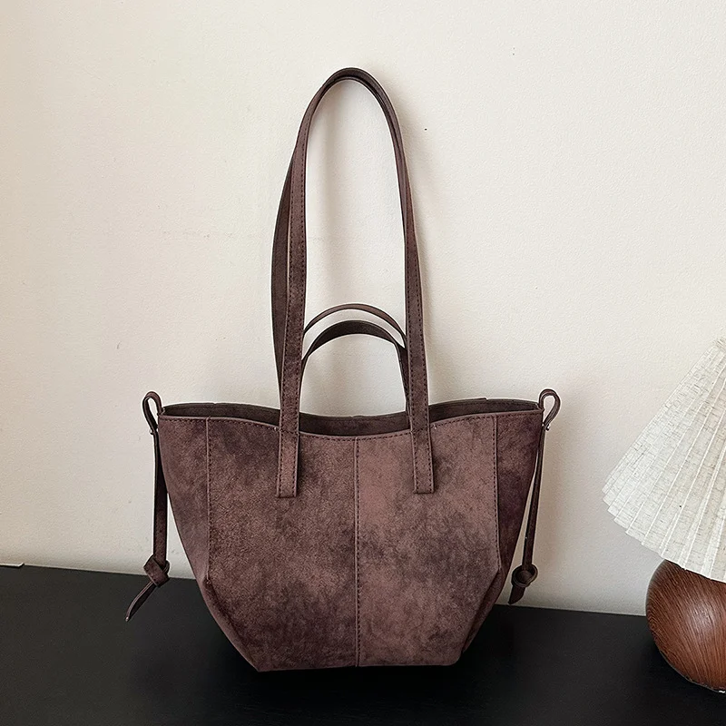 

Retro Simple Tote Bag Autumn Winter Suede Large Capacity Shoulder Bag European American Fashion Versatile Commuting Bag