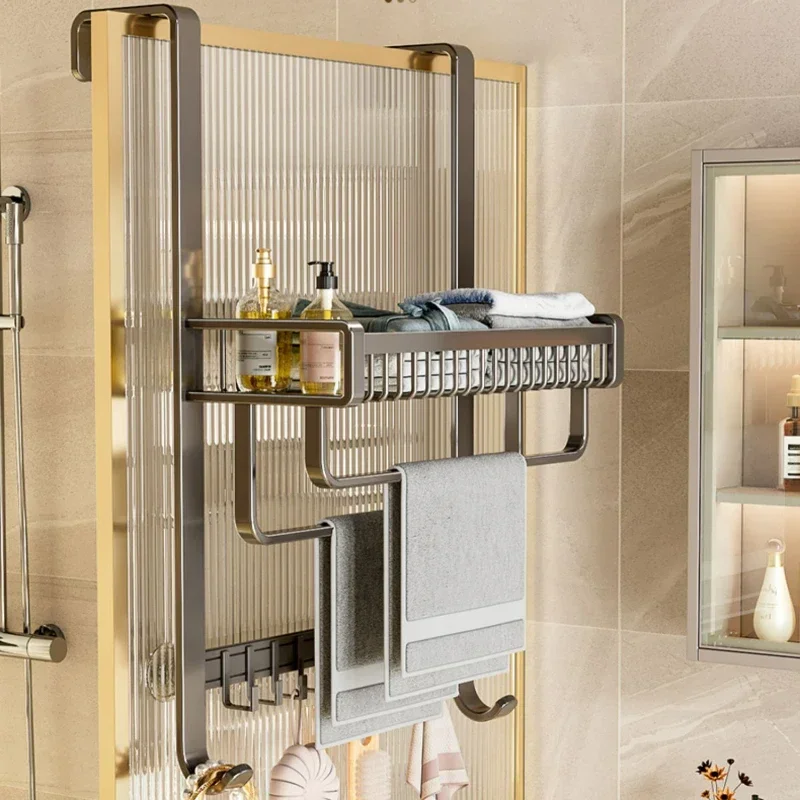 Double Rod Bathroom Shelf: No Drill Towel Rack, Strong Load-Bearing, Shower Room Organizer, Space Efficient Storage