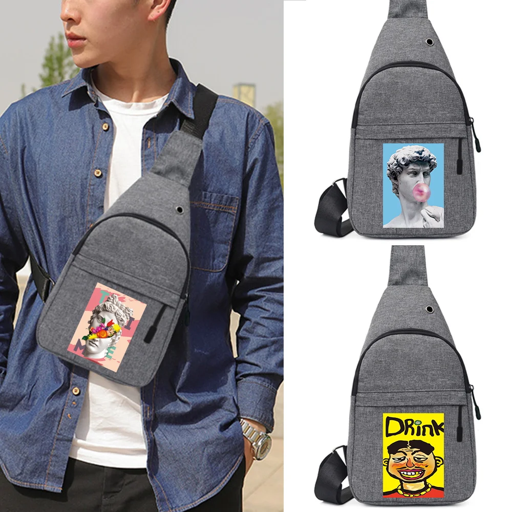 

Men Chest Bags Casual Waist Bags Charging Earphones Cable Hole Crossbody Bags Funny Pattern Canvas Sling Shoulder Waist Packs