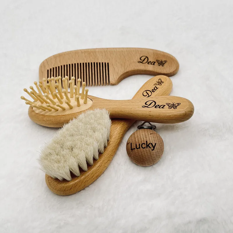 Customized Wool Baby Hair Brush Natural Wooden Boys Girls Head Comb Infant Head Massager Portable Bath Brush Comb For Kids