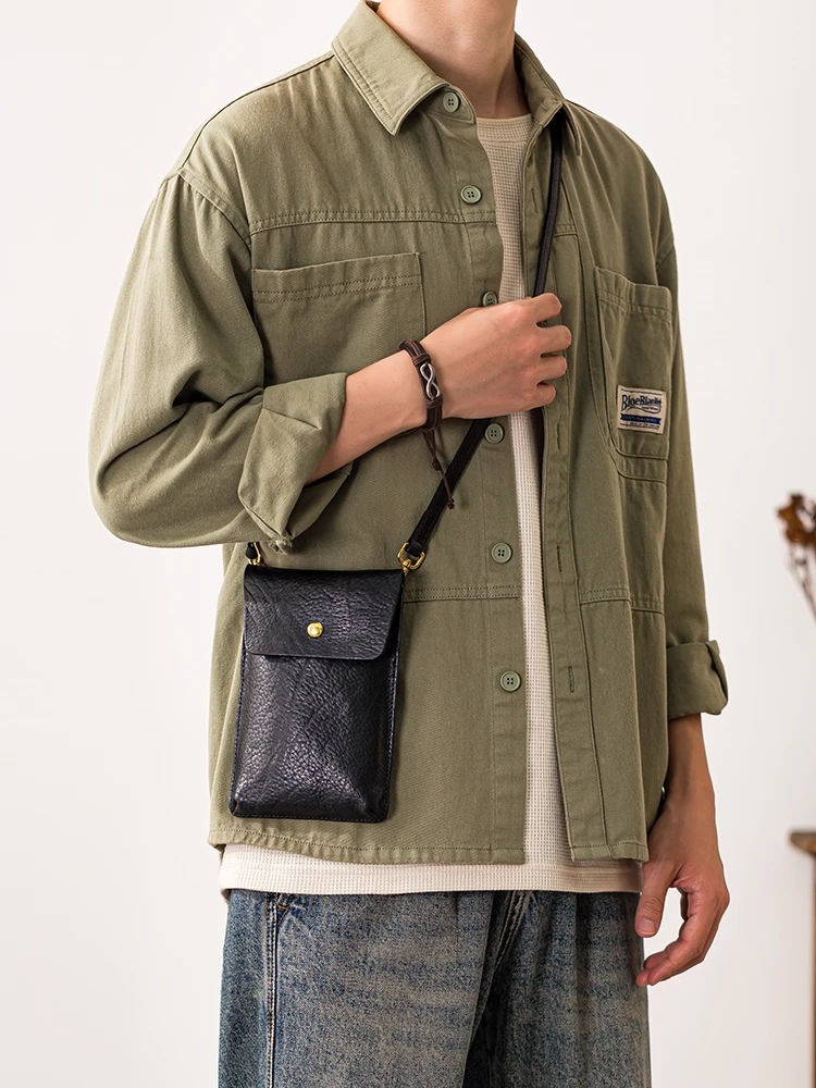 

fashion casual first layer cowhide men's small phone bag Simple designer handmade genuine leather teens mini shoulder bag