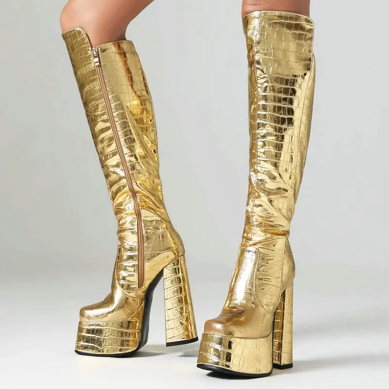 

Сексуальные женские туфли на платформе из искусственной кожи с узором из крокодиловой кожи, блестящие золотые, серебряные женские сапоги до колена на молнии, модные роскошные женские сапоги до колена на блочном каблуке