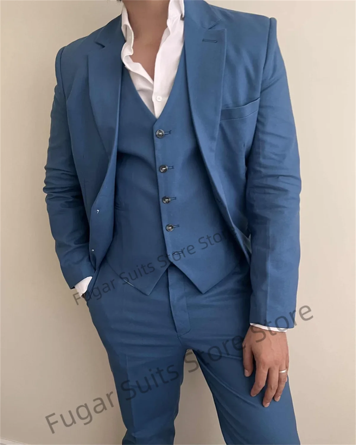 2023 Handsome Fashion Blue Wedding Suits For Men Slim Fit Notched Lapel Formal Groom Tuxedos Casual 3 Pcs(Blazer+Vest+Pants)