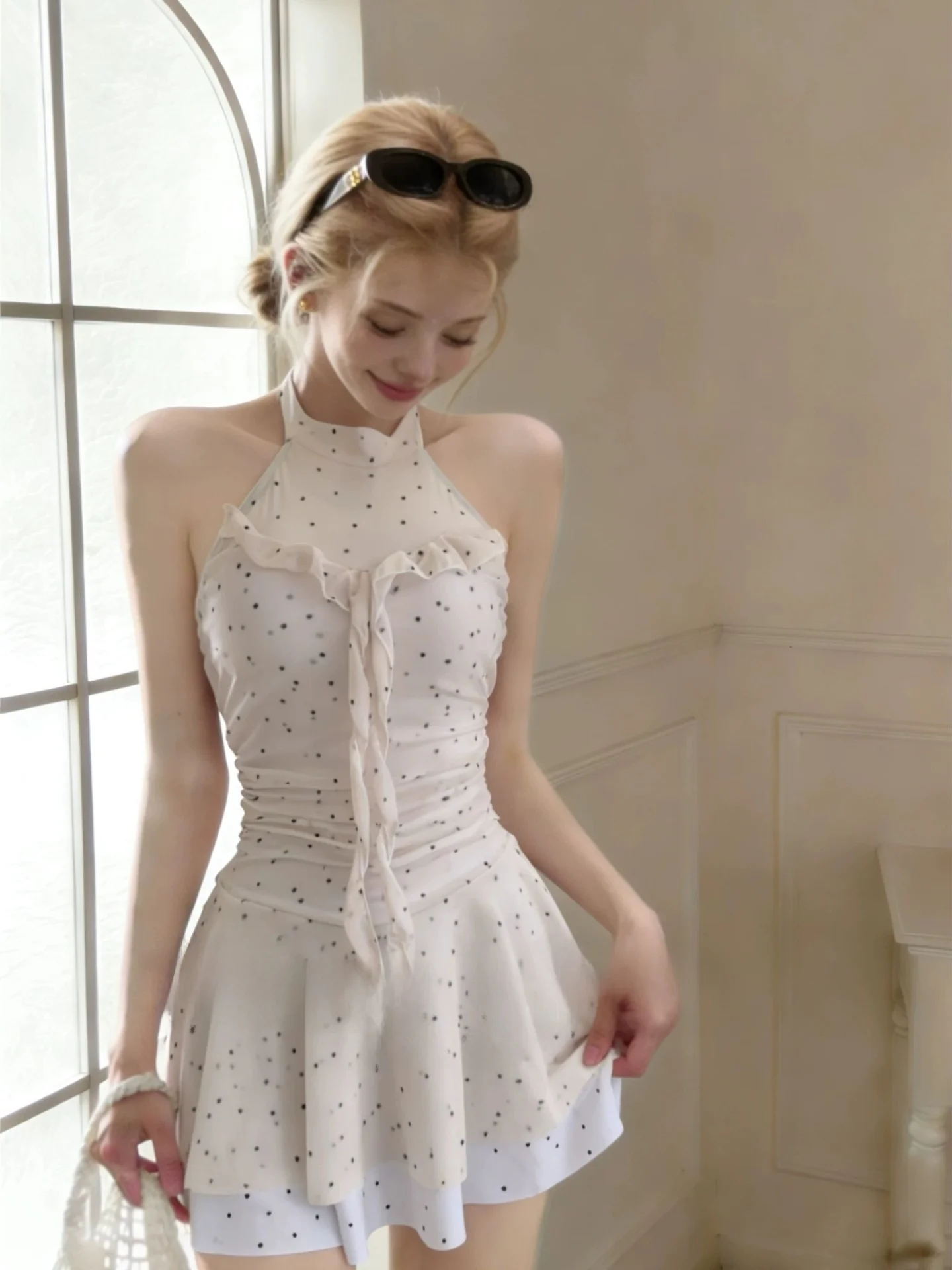 

Polka Dot Halter Neck Swimsuit Women's Thermal Spring Light Maturity Style Swimwear French Style Breeze