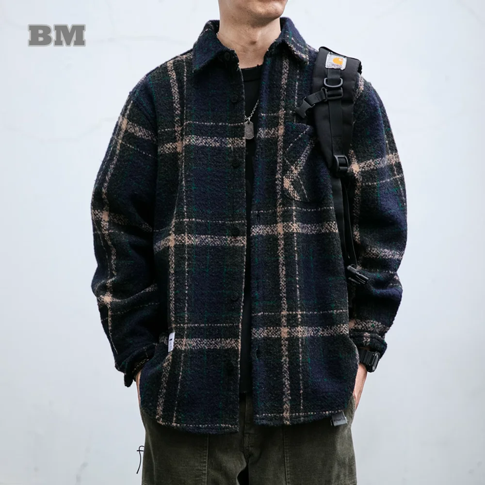 

Japanese Vintage Plaid Thick Cargo Shirts For Men Clothing Harajuku High Quality Casual Coat Korean Streetwear Loose Shirt Male