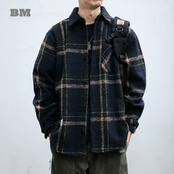 Japanese Vintage Plaid Thick Cargo Shirts For Men Clothing Harajuku High Quality Casual Coat Korean Streetwear Loose Shirt Male