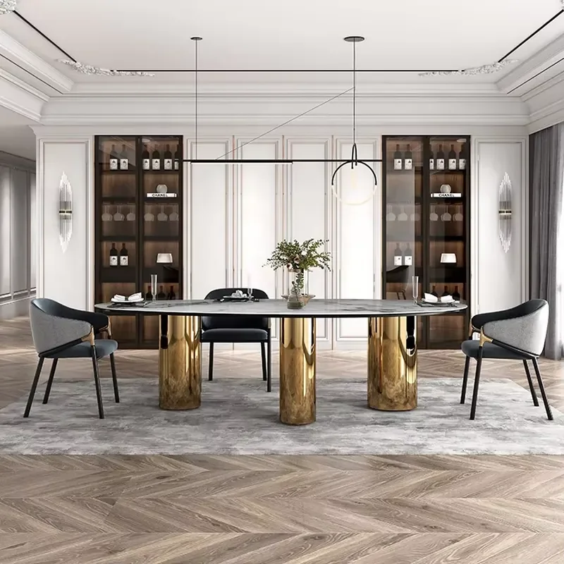 Aesthetic Gold Curved Dinning Table Set and X6 Genuine Leather Chair Seat Beige Black American Diner Chairs