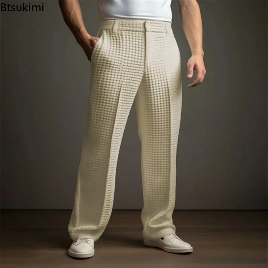 Novo 2026 masculino elegante waffle terno calças sólidas soltas calças retas negócios sociais vestido calças casuais calças de férias para homem
