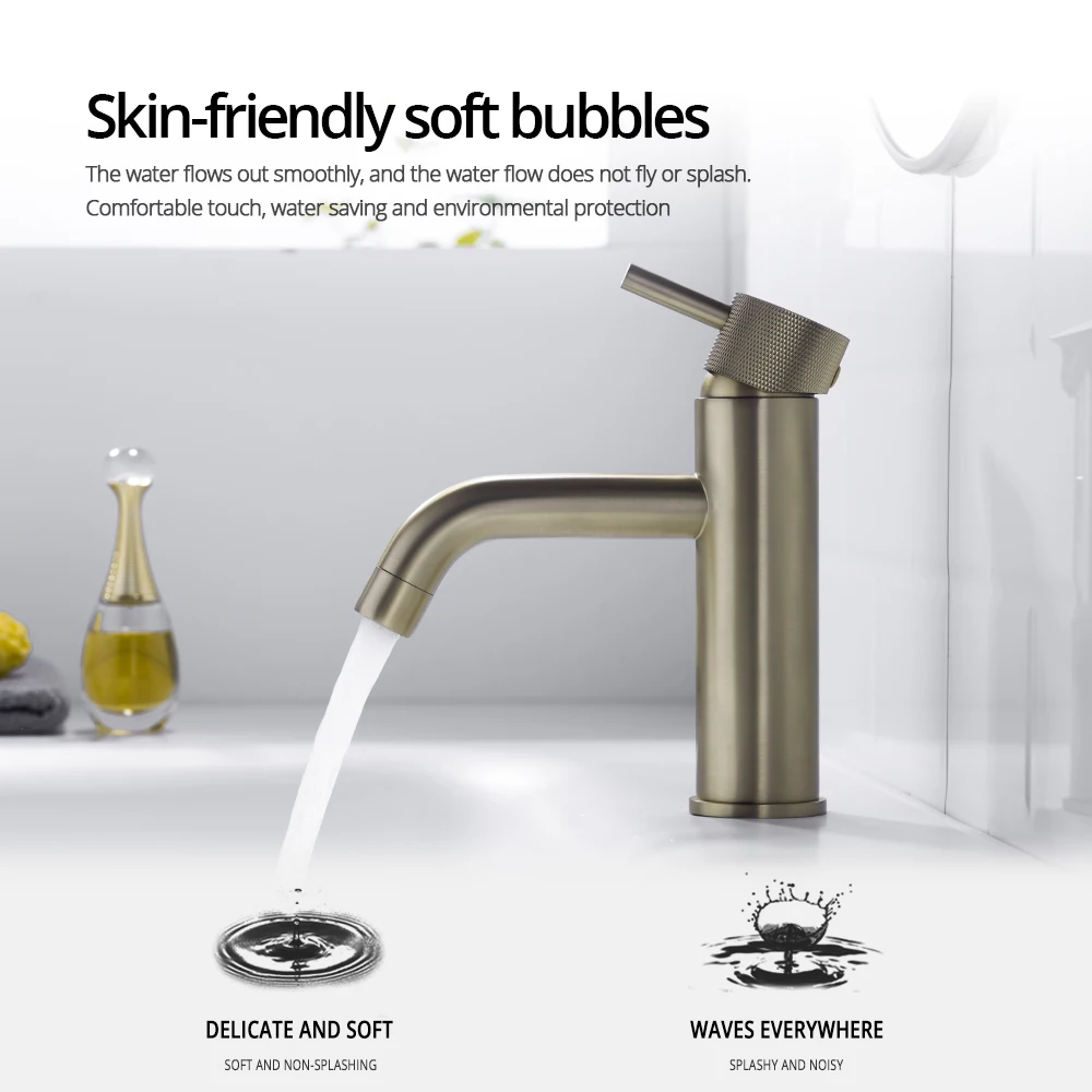 Brushed Gold Basin Faucet Deck Mounted Knurled Style Hot And Cold Water Sink Mixer Single Handle Single Hole Bathroom Tap