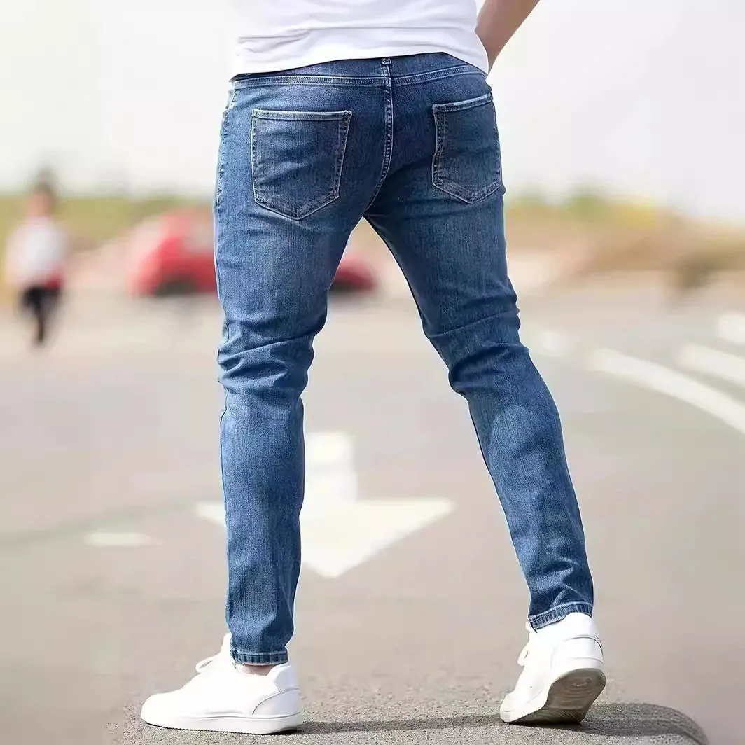 Distressed Men Jeans Denim Holes Skinny Vintage Wash Solid Pencil Pants 2024 Ankle Length Sheath Punk Style Pockets Slim