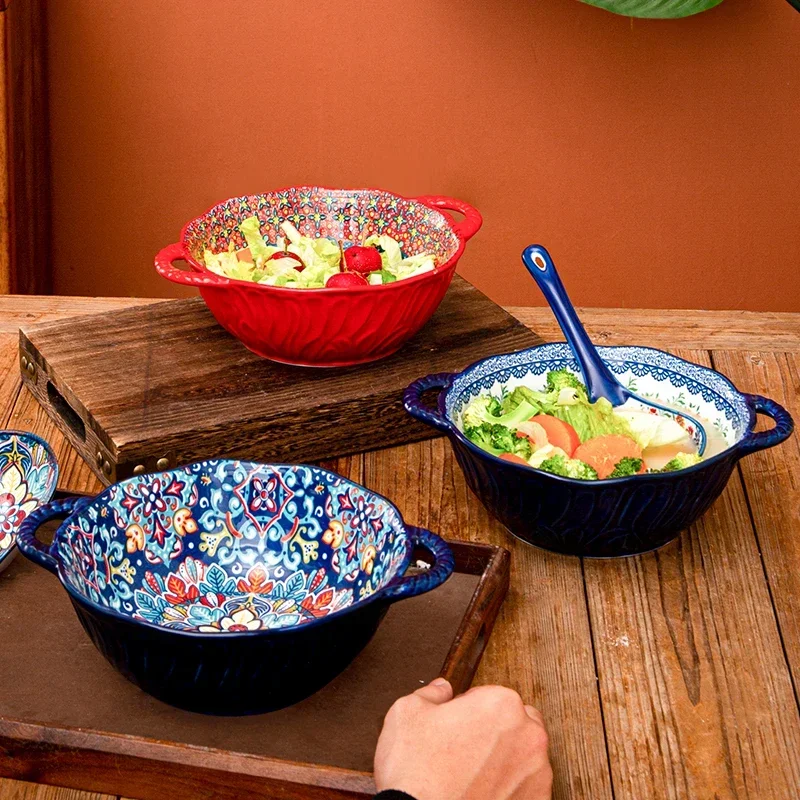 8in Ceramic Soup Bowl Double-Ear Soup Bowl Household Good-looking Salad Large Bowl Popular Restaurant Tableware Ramen Soup Bowl