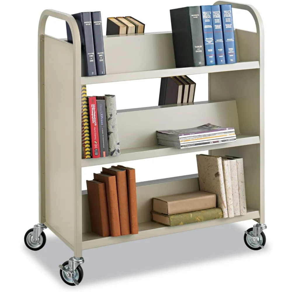 

Продукты Двусторонняя книжная тележка из стальной наклонной полки с 6 полками, песок, идеально подходит для библиотеки, офиса и домашнего использования