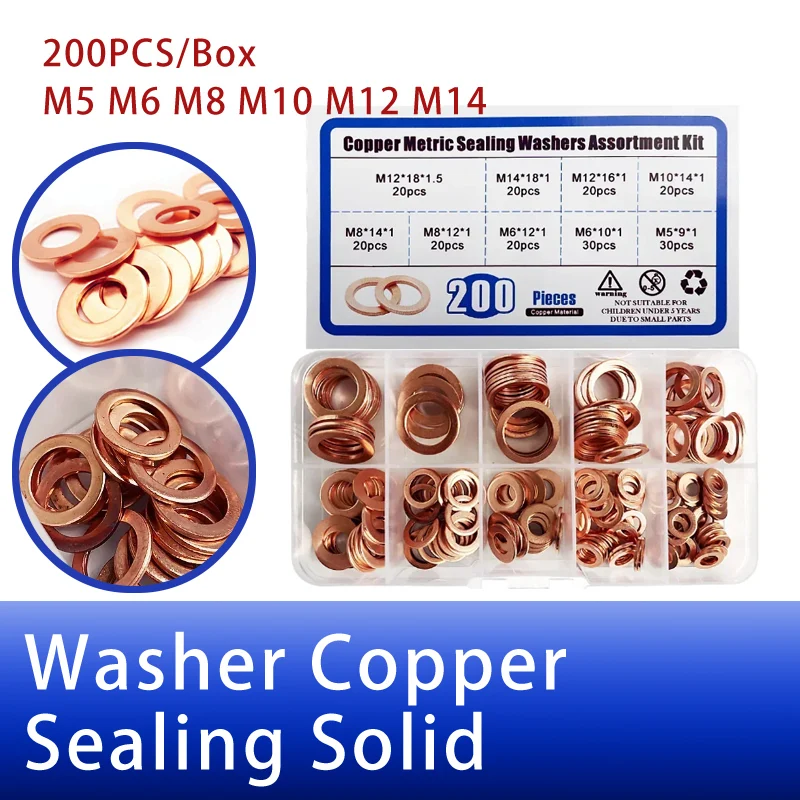 

200Pcs/Box Washer Copper Sealing Solid Gasket Washer Sump Plug Oil For Boat Crush Flat Seal Ring Tool