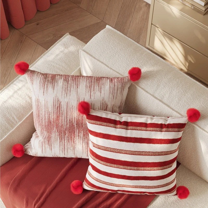 Luxury Dutch Velvet Cushion Cover Red Striped with Pom-poms Decorative Throw Pillow Case for Wedding Marriage Gift Home Decor