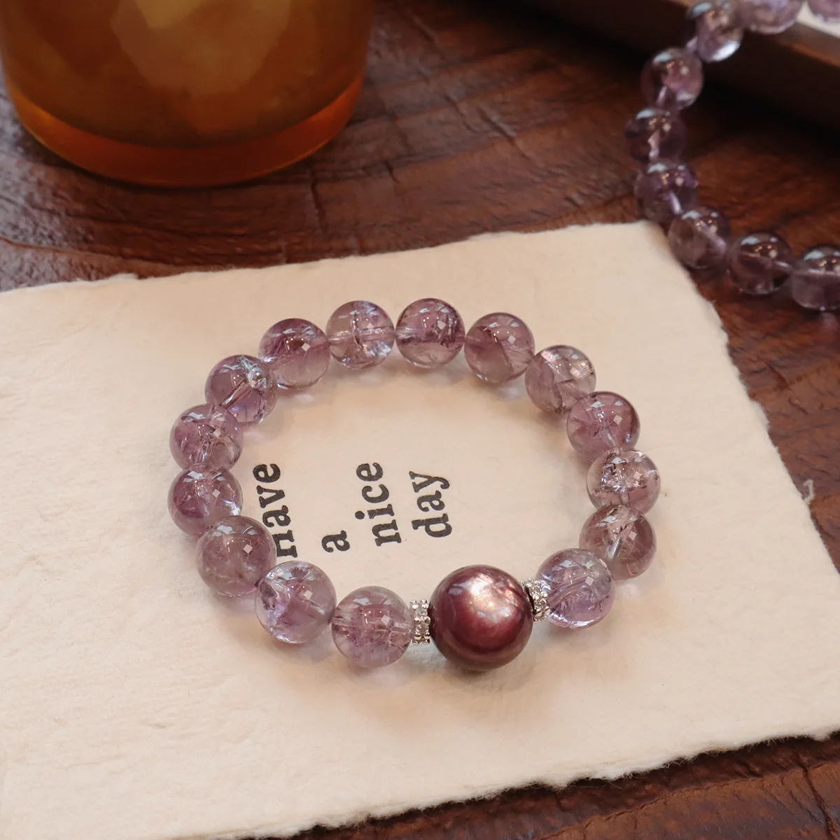 Luxury 11mm Natural Brazilian Amethyst Beaded Strand Bracelet with Purple Mica Bead Charm Lucky Hand Fine Jewelry Gift for Women