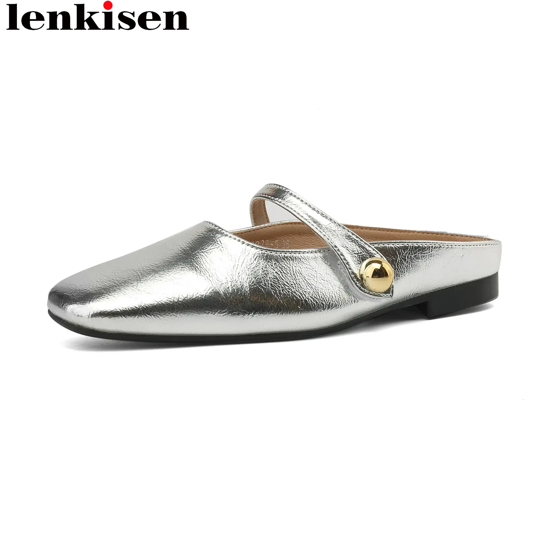 

Lenkisen Cow Leather Slingback Mules Metal Leisure Summer Shoes Square Toe Comfort Dress Casual Fashion Women Outside Slippers