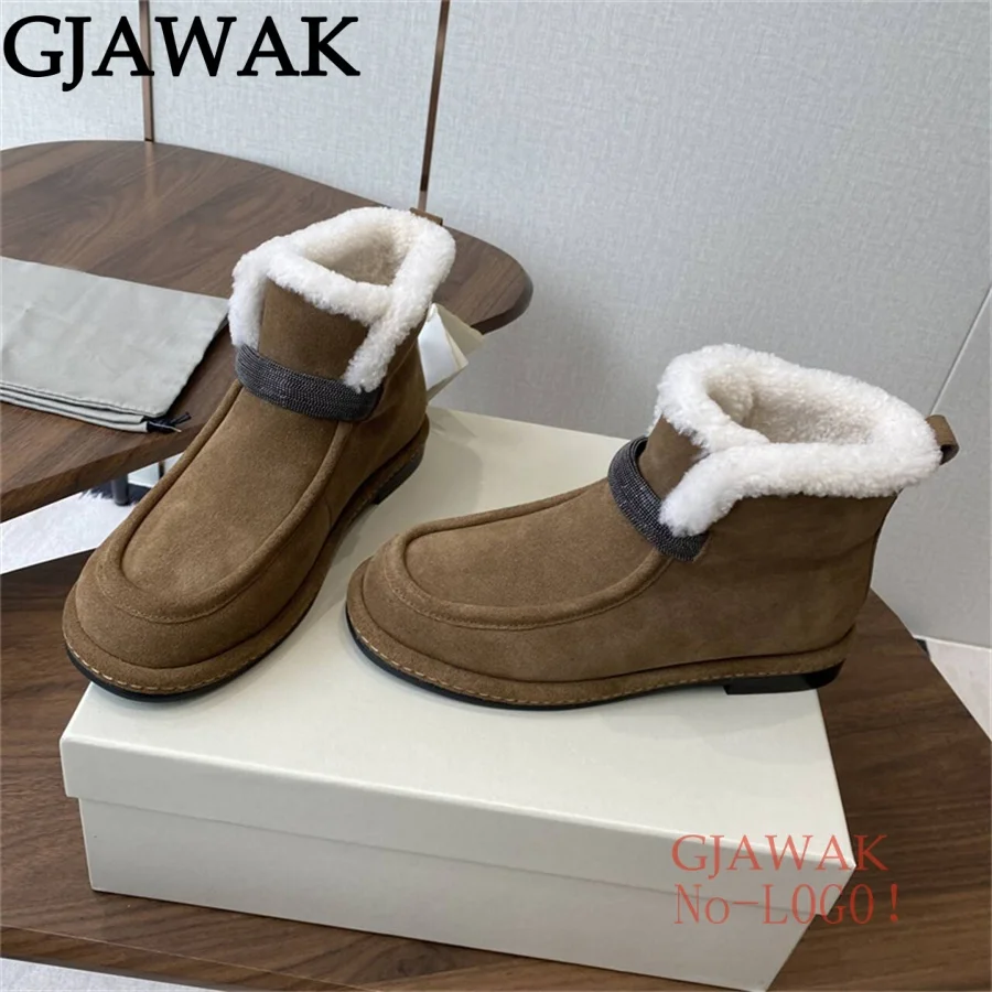 New Winter Wool Snow Boots Women String Bead Suede Leather Ankle Boots For Women Warm Fur Flat Shoes Woman Boots Women
